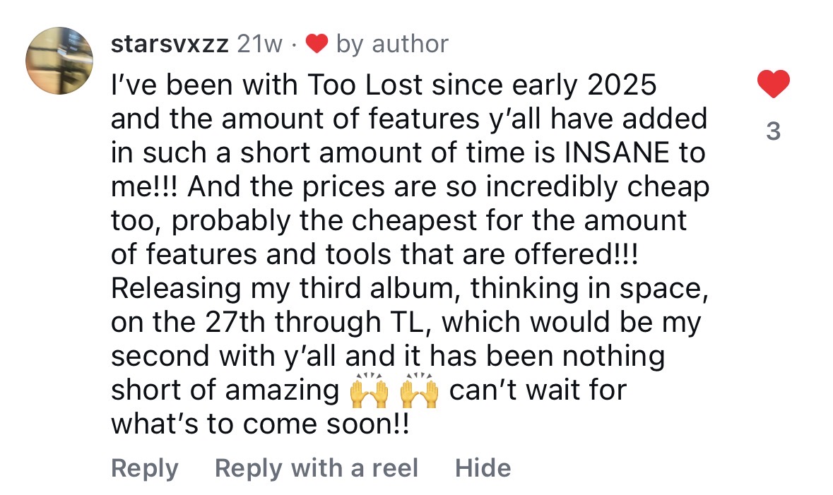 Wiadomość od artysty Too Lost